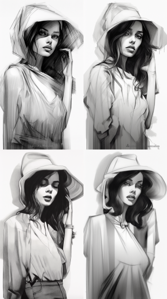 简笔画美女，黑白风格，简约构图，纸张上，铅笔线条，轮廓清晰，艺术创作，灵感激发。素描，细节，手绘，造型，灵感，光影，表情，柔和，优雅。