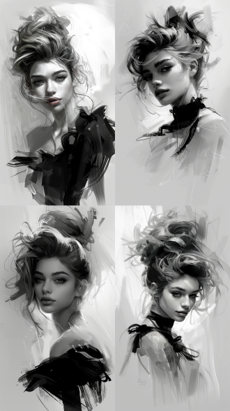 简笔画美女，黑白风格，简约构图，纸张上，铅笔线条，轮廓清晰，艺术创作，灵感激发。素描，细节，手绘，造型，灵感，光影，表情，柔和，优雅。