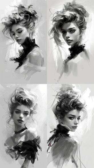 简笔画美女，黑白风格，简约构图，纸张上，铅笔线条，轮廓清晰，艺术创作，灵感激发。素描，细节，手绘，造型，灵感，光影，表情，柔和，优雅。