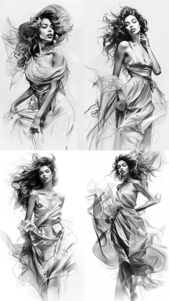 简笔画美女，黑白风格，简约构图，纸张上，铅笔线条，轮廓清晰，艺术创作，灵感激发。素描，细节，手绘，造型，灵感，光影，表情，柔和，优雅。长裙，黑白对比，简约设计，纸质感，铅笔素描，清晰轮廓，艺术氛围，创意灵感，细腻笔触，优雅姿态，长裙飘逸。