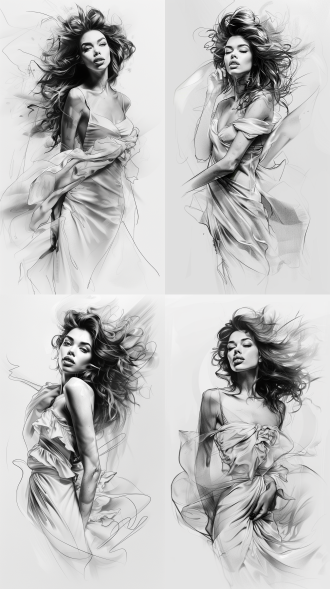 简笔画美女，黑白风格，简约构图，纸张上，铅笔线条，轮廓清晰，艺术创作，灵感激发。素描，细节，手绘，造型，灵感，光影，表情，柔和，优雅。长裙，黑白对比，简约设计，纸质感，铅笔素描，清晰轮廓，艺术氛围，创意灵感，细腻笔触，优雅姿态，长裙飘逸。