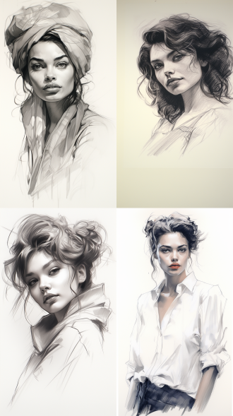 手绘画美女，温馨风格，简约构图，纸张上，铅笔线条，轮廓清晰，艺术创作，灵感激发。素描，细节，手绘，造型，灵感，光影，表情，柔和，优雅。