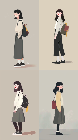 手绘画少女，温馨风格，简约构图，轮廓清晰，艺术创作，灵感激发，细节，手绘漫画，造型，灵感，光影，表情，柔和，优雅，站立，背包，高分辨率，自然光，中焦镜头，暖色调，微笑，创意，室内，静态，文艺，青春。