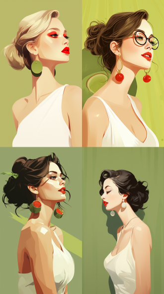 女孩扁平插画，牛油果绿背景，极简艺术，白色长裙，红色口红，迷人眼神，绿色复古耳环，侧脸角度，柔和光线，柔和色调，娴静情绪，扁平设计，简约风格，高饱和度，侧光照明，静态姿态，细腻纹理，复古元素，优雅氛围。