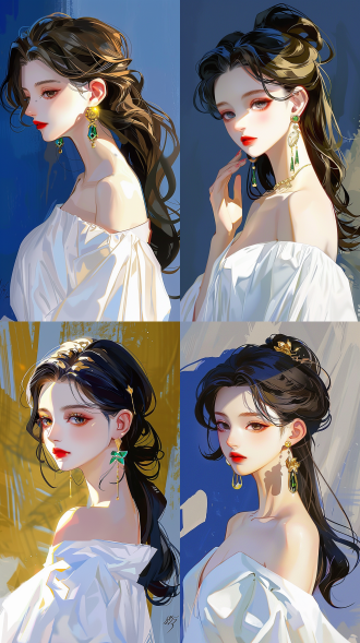 女孩扁平插画，牛油果绿背景，极简艺术，白色长裙，红色口红，迷人眼神，绿色复古耳环，侧脸角度，柔和光线，柔和色调，娴静情绪，扁平风格，高饱和度，极简构图，侧光照明，复古元素，细腻表情。