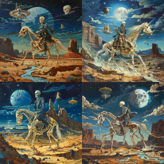 哲学家叔本华骑着一匹幽灵骸骨马，在流淌着液体黄金和泛着虹彩的石油的荒漠中奔驰，冷清的月光映照出他侧脸冷峻的神情，他的嘴角勾起一抹洞明世事的微笑。荒漠中散布着蒸汽轮船与飞艇的残骸，浩瀚的夜空里有佛教壁画风格的神明与飞碟🛸自由遨游。