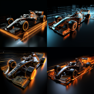 f1线框全息图，黑色背景，3d渲染，专业照明，色彩分级，超现实橙白，远处星星，高对比度，细节清晰，冷暖色调对比，科技感，未来感。