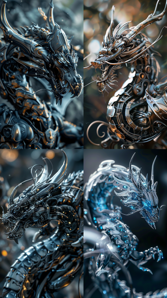 机械龙，流线型生肖龙，4k高清，真实质感，高对比度，大师级作品，湿润感，光环效果，机甲细节精致，金属光泽，动态姿势，未来科技风格，冷色调，硬光，广角镜头，紧张氛围。