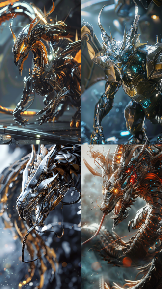 流线型生肖龙，机械龙，4k高清，真实质感，高对比度，大师级作品，湿润感，光环效果，机甲细节精致，金属光泽，动态姿势，未来科技风格，冷色调，硬光，广角镜头，紧张氛围。