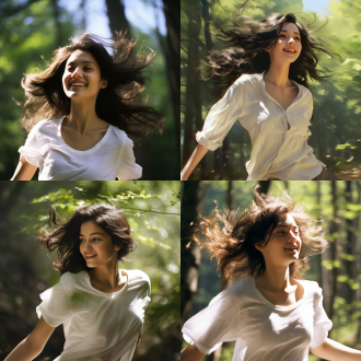 黑色短发女孩，30岁左右，树林中奔跑，风吹发飘，微笑仰头，白色衬衣飘动，自然光，3d效果，中远镜头，森林树木林立，丁达尔光效，动态捕捉，清新自然，活力四射，光影交错，生机勃勃。