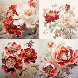 中国美学，大量留白，单棵红色牡丹，波浪背景，细腻浮雕图案，立体感，局部着色，金白背景，水墨画风格，柔光，细腻笔触，宁静，微妙色彩，意境。