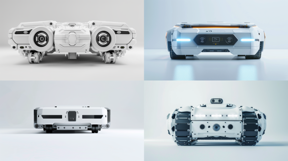 移动机器人（agv），白色背景，科技元素装饰，宽广构图，明亮柔和光线，细节丰富，导航雷达，避障雷达，对称布局，高分辨率，广角镜头，自然光，静态，科技感，白色调，专注。