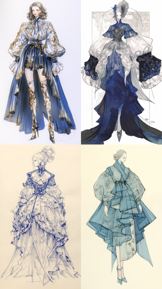 洛可可风格，服装设计线稿，服装设计图，袖子镂空纹理，裙子，超大裙摆，复杂结构装饰，裙子多褶裥，低领，马克笔手绘， 超现实主义 丁达尔效应 海洋朋克