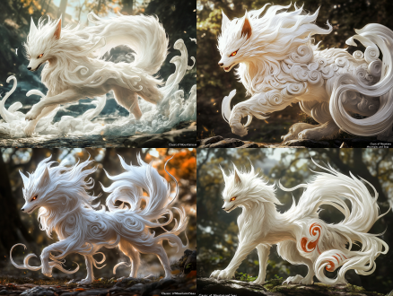 九尾狐，山海经异兽，强壮身体，鬃毛，明亮眼睛，尖锐嘴巴，锋利牙齿，纯白毛发，祥瑞之兽，细节丰富，电影质感海报，对称布局，高对比度，自然环境，广角镜头，侧光，慢快门，神秘，祥瑞，纯白，神圣。