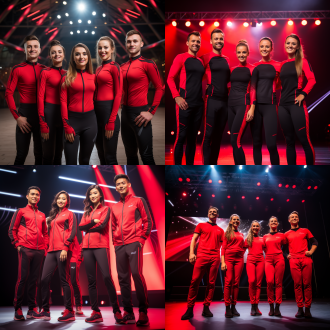 六人团队身穿统一红色立领卫衣运动服与黑色裤子,用对称构图，中间人物稍突出，光线明亮正面照明， ，人物面带微笑，展现自信与快乐:场景为公司年会现场，环境布置有舞台、闪烁灯光。营造节口气氛。主色调为红色和金色，传递温暖喜庆感:采 ，景深较浅，前景清晰背景略模糊，平视角度拍摄