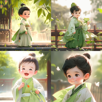 a tang dynasty chinese little boy wearing a light green gauze skirt, summer attire, smiling face, vivid character design, traditional chinese painting style, cute and dignified charm, classical style, emoji pack, anger, tears, surprise, 8k, diagonal layout, high contrast, in the garden, warm color tone, mid focus lens, side lighting, static, cute.,,in clothes