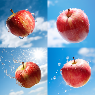 苹果特写，居中构图，苹果下方水滴滑落，清新风格，蓝天白云背景，自然光，微距镜头，高分辨率，鲜嫩色彩，自然氛围。