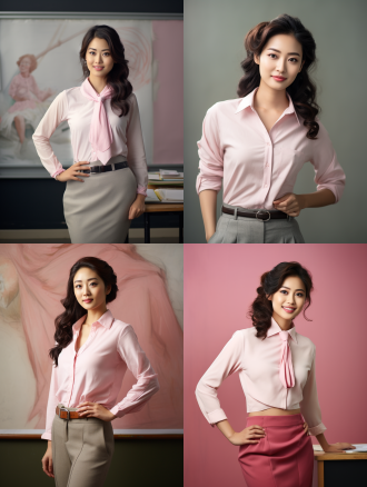 young beautiful asian woman teacher in class, standing up, in the style of white and pink, exaggerated facial features, light gray and light brown, smilecore, bold gestures, bright picture, award winning photography,16k, high definition,16k