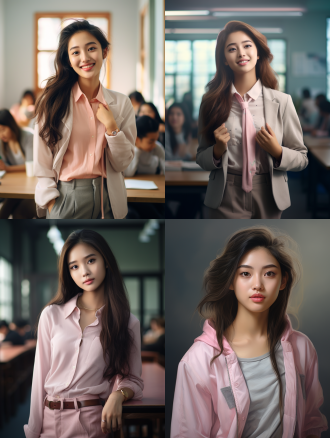 young beautiful asian girl in class, standing up, in the style of white and pink, exaggerated facial features, light gray and light brown, smilecore, bold gestures, bright picture, award winning photography,16k, high definition,16k