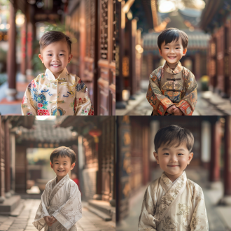 中国小男孩，居中构图，背景是传统中式庭院，清新风格，穿中式长袍，笑容灿烂，自然光，定焦镜头，暖色调，纯真。