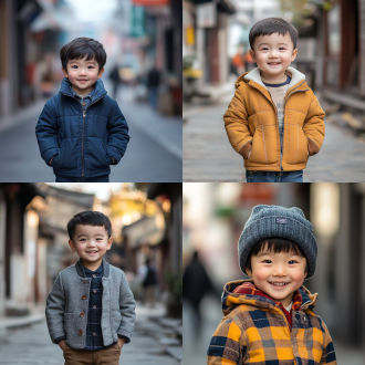 中国小男孩，居中构图，背景城市街道，写实风格，日常着装，笑容纯真，自然光，标准镜头，清晰细节，暖色调，活泼。