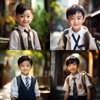 中国小男孩，正面居中构图，校园环境，清新风格，穿校服，笑容灿烂，自然光，标准镜头，肤色自然，活泼，暖色调。