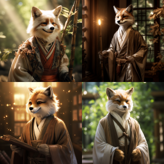 古风书生狐狸，半身像，柔和光线，竹林背景，细腻毛发，儒雅服饰，微笑表情，长袍飘逸，古典色调，广角镜头，自然光，静谧，优雅。