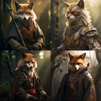 古风侠客狐狸，半身像，柔和光影，竹林中，长袍飘逸，眼神坚定，特写镜头，暖色调，自然光，静谧，神秘。