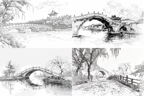 中国风素描，程阳风雨桥，黑白线条，简洁构图，桥体细节，水墨风格，长焦镜头，柔和光线，静态，古朴，宁静。 涂色书