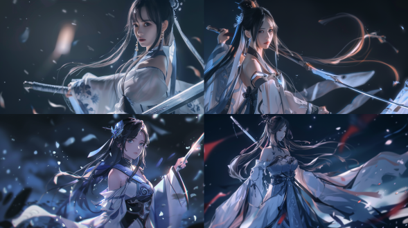 女性修仙者，半身像，手持长剑，黑紫色长发，白色道袍，低胸，念咒施放黑暗魔法，黑色系背景，神秘氛围，高对比度，长焦镜头，逆光，动态模糊，专注表情，神秘感，4k高清