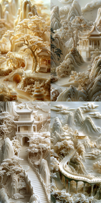 象牙雕刻，中式山水，微观世界，特写近景，细腻精致，山水意境，巍峨山峰，象牙纹理，光泽质感，蜿蜒小径，小亭子，树木，栩栩如生，弯曲河流，古朴建筑，桥梁房屋，优美流畅，天然光泽，闪烁光芒，远山云雾，轻盈飘渺，深度层次，古老画卷，静谧美丽，淡雅渐变，浅灰深蓝，悠远宁静，侧面斜光，细腻阴影，立体生动，古老诗篇，细腻技艺，柔和色调，精致美丽，宁静悠远，静谧微观。 未来主义 极简主义