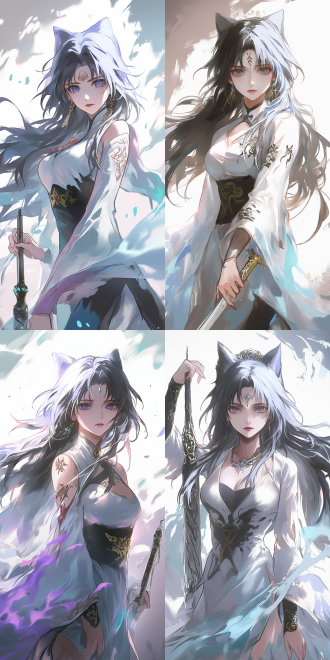 女性修仙者，半身像，手持长剑，黑紫色长发，白色道袍，低胸，念咒施放黑暗魔法，神秘氛围，高对比度，长焦镜头，逆光，动态模糊，专注表情，神秘感。