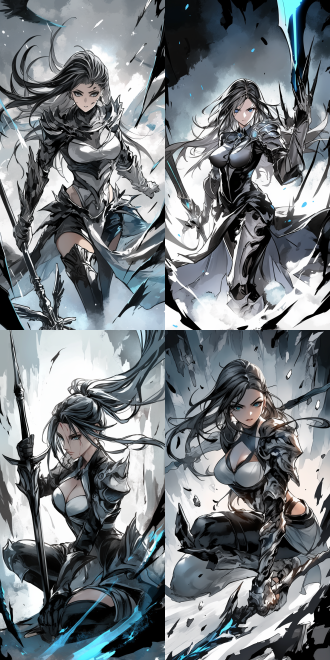 美少女，身材火辣，黑色长发，猫蹲，直发，秘密特工，黑色抹胸，神秘，女性魅力，可爱，霓虹光，轮廓光，梦幻氛围，侧光，半袖黑色手套，黑色高跟长靴，手拿长剑，全身，仰视角，高对比度，暗色调，广角镜头，动态模糊，紧张，力量感，未来感。