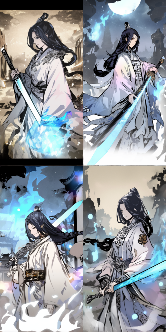 女性修仙者，半身像，手持长剑，黑紫色长发，白色道袍，低衣领，念咒施放黑暗魔法，神秘氛围，高对比度，长焦镜头，逆光，动态模糊，专注表情，神秘感。