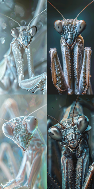 金属螳螂特写，银色光泽，近距离拍摄，微距镜头，金属质感，冷色调，自然光，细节清晰，静态，神秘。