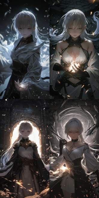 女性亚洲术士，正面视角，帅气装扮，时空门前，操纵时空魔法，目光坚定，动画风格，8k画质，高对比度，细节丰富，动态模糊，暖色调，侧光，广角镜头，神秘感，力量感