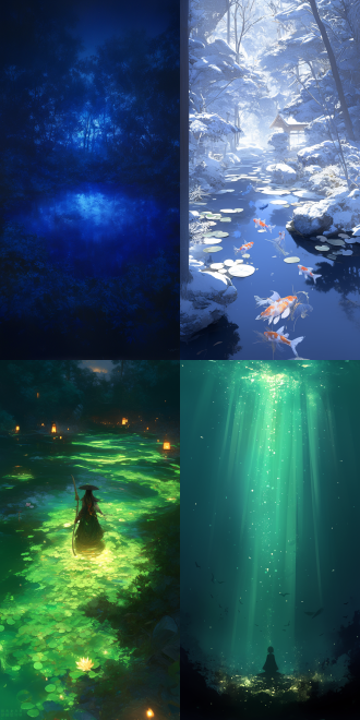 永生河冥界大场景，广阔河面，幽暗色调，远景模糊，近景清晰，长焦镜头，低角度，冷光照明，神秘氛围，深邃，宁静。