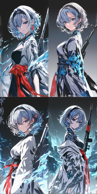 汉服美女手持ak，古典与现代冲突，优雅与力量并存，美女面带微笑，汉服华丽，手持现代武器，背景模糊，强调主体，广角镜头，柔和光线，动态模糊，对比鲜明，色彩丰富，神秘而强大。 油画