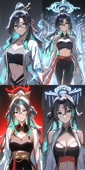 女性亚洲术士，正面视角，黑色抹胸，露脐，法身在后，操纵时空魔法，目光坚定，动画风格，8k画质，炫彩环绕，高对比度，细节丰富，动态模糊，暖色调，侧光，广角镜头，神秘感，力量感