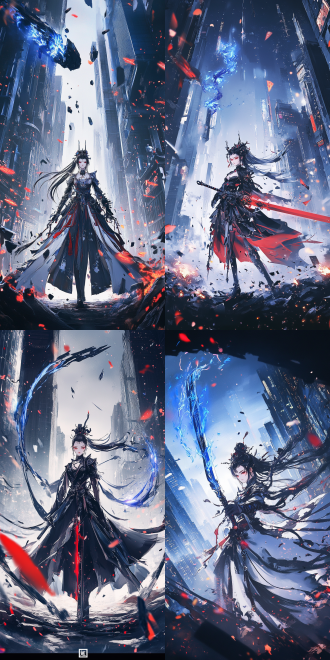 女天师降妖除魔，黑底蓝纹旗袍，末日都市背景，道家蓝火灵符环绕，日式动漫风格，细腻光影，无黑边，广角镜头，动态模糊，冷色调，神秘氛围，专注表情。