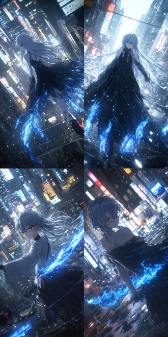 女天师降妖除魔，黑抹胸蓝火焰长裙，末日都市背景，道家蓝火灵符环绕，日式动漫风格，细腻光影，动态捕捉，高饱和色彩，神秘氛围，广角镜头，逆光，快速动作，力量感。