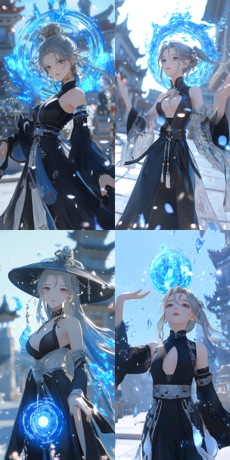 女天师降妖除魔，银色底黑色符文低胸道袍，末日都市背景，蓝火灵符环绕，中景镜头，高对比度，暗色调，广角镜头，侧光，动态捕捉，神秘感。