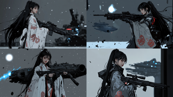 御姐黑色长发银色红斑纹丝质汉服手持巴雷特狙击步枪背后召唤巨大星际舰队太空背景2.5d写实风格，对称构图，高细节，太空环境，长焦镜头，柔和侧光，动态模糊，神秘感，冷色调，威严。