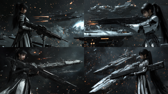 御姐手持巴雷特狙击步枪，黑色长发飘逸，身穿银色红斑纹丝质汉服，背后是巨大的星际舰队，太空背景，2.5d写实风格，高分辨率，细节丰富，冷色调，长焦镜头，背光，动态模糊，科幻感，威严。