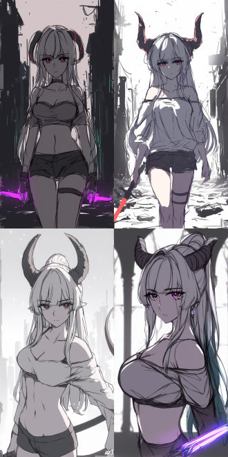 恶魔女剑士，银色抹胸，黑色热裤，双持光剑战斗，动态姿势，暗黑风格，荒废城市，冷色调，广角镜头，逆光，高速快门，力量感，神秘感，战斗氛围。