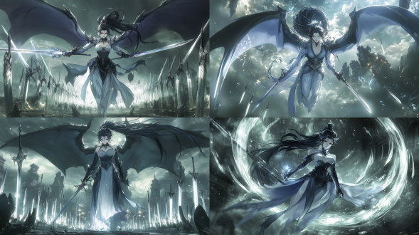 银光巨龙翱翔天际，万剑环绕其身，形成壮观剑阵，巨龙身姿雄伟，眼神凌厉，剑光闪烁，气势磅礴。广角镜头，高空俯瞰，冷色调，逆光，动态模糊，震撼，神秘。