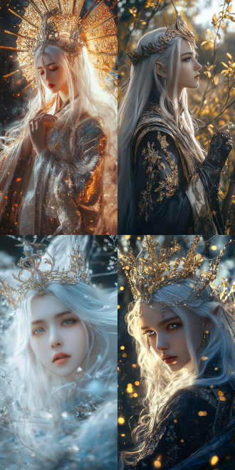 女子侠客修仙者，月白色长发长袍头冠，金色转银白色，仙境背景，超现实风格，广角镜头，柔和光线，动态模糊，神秘感，冷色调，宁静。