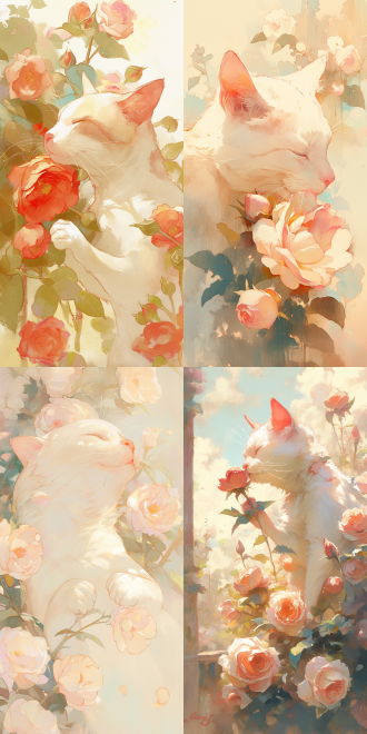 猫细嗅蔷薇，水彩风格，透明感，水韵感，柔和光线，近距离，特写镜头，淡雅色彩，宁静表情，花园背景，自然光，细腻笔触，温馨氛围。