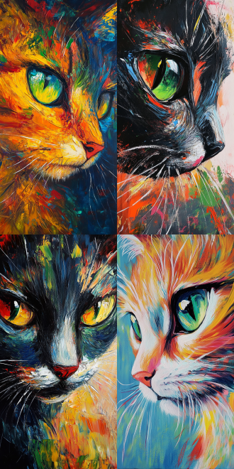 猫油画，涂鸦风格，微距特写，艺术感，色彩丰富，笔触粗犷，近距离，高饱和度，创意构图，抽象表现，室内光线，静态，专注。