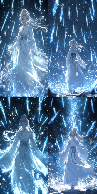 白衣女法修施展禁忌法术，冰霜万剑屠魔，画面中心女法修白衣飘飘，神情专注，周围无数冰剑悬浮，剑尖指向魔物，魔物狰狞，场景寒冷肃杀。高对比度，冷色调，广角镜头，顶光，快速快门，悬浮，紧张，寒冷。